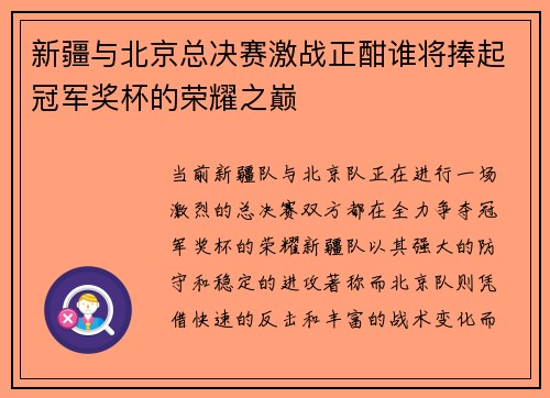 新疆与北京总决赛激战正酣谁将捧起冠军奖杯的荣耀之巅